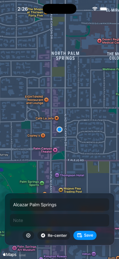 Where/When app — saving a location in Palm Springs
