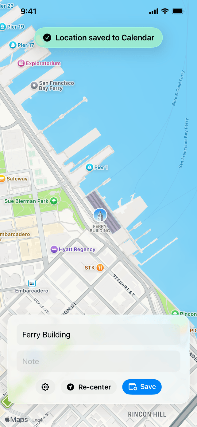 Where/When confirming that the location was saved to Calendar