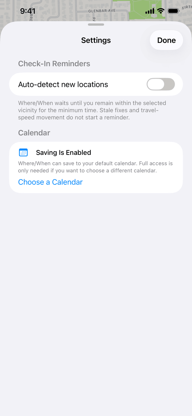 Where/When settings for optional check-in reminders and Calendar access