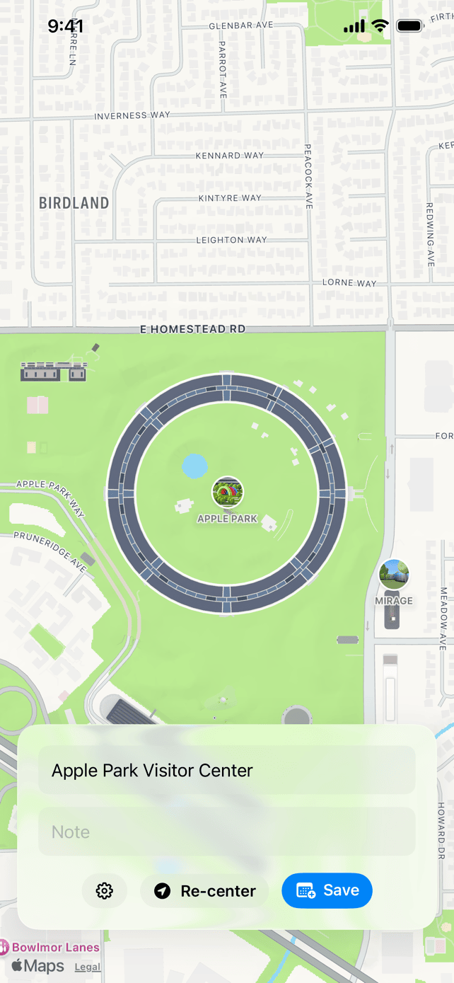 Where/When centered on Apple Park with a location ready to save